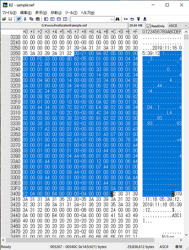 NEFファイルをバイナリエディタで開いたところ。選択しているあたりがExifの各種情報が格納されている部分。実際には1つのTIFF/NEFファイルには複数のExifが含まれていることがある