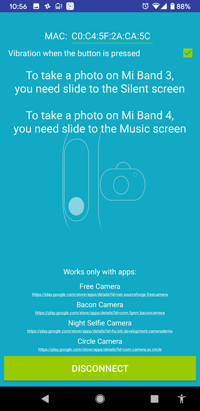 サードパーティ製アプリケーションであれば、たとえばMiスマートバンド4をスマートフォンカメラのリモートシャッターにするアプリなんていうのもあります。これ、わりと便利です。