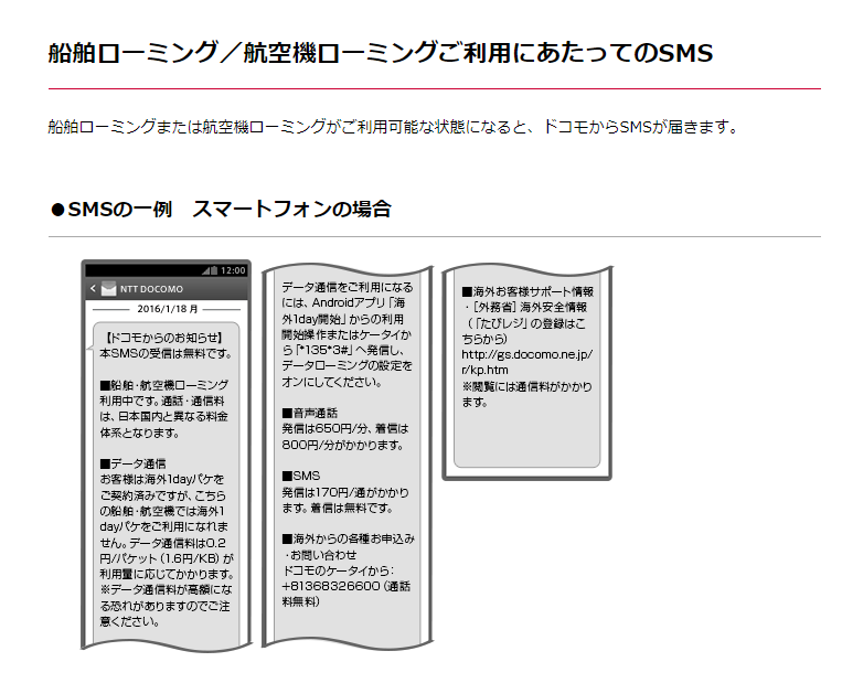 図はドコモの場合の、「航空機ローミングが開始されたことを通知するSMS」メッセージの例。