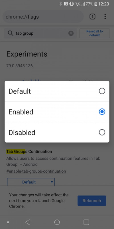 タブグループが有効になっていないようなら、「chrome://flags/」で「Tab Groups」を検索し、有効に