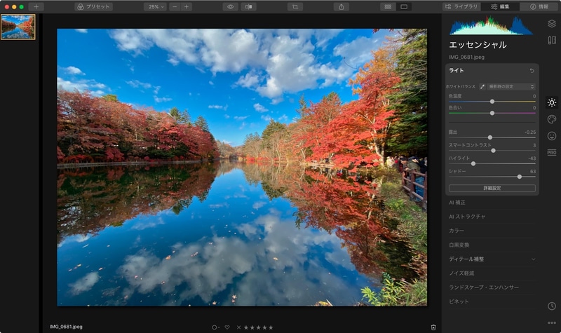 左が元画像で、右がエッセンシャルにあるライトを使用した結果。明るい部分や暗い部分を個別に調節することで画像の明暗バランスを整えられる。