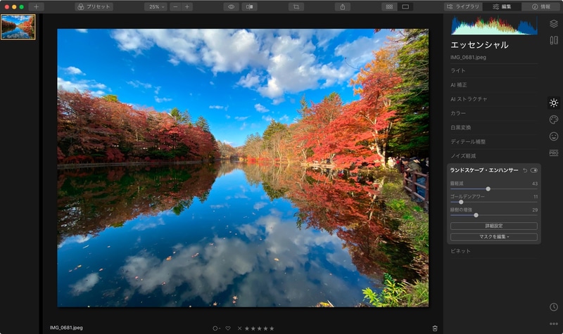 エッセンシャルのランドスケープ・エンハンサー（左）とディテール補整（右）の処理結果。ランドスケープ・エンハンサーは風景写真の霞のような空気感を除去したり、一部色調の彩度を高めたりでき、これによりリアルさや臨場感を増すことができる。ディテール補整では被写体細部の精細感を高められる。