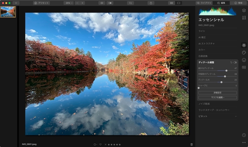 エッセンシャルのランドスケープ・エンハンサー（左）とディテール補整（右）の処理結果。ランドスケープ・エンハンサーは風景写真の霞のような空気感を除去したり、一部色調の彩度を高めたりでき、これによりリアルさや臨場感を増すことができる。ディテール補整では被写体細部の精細感を高められる。