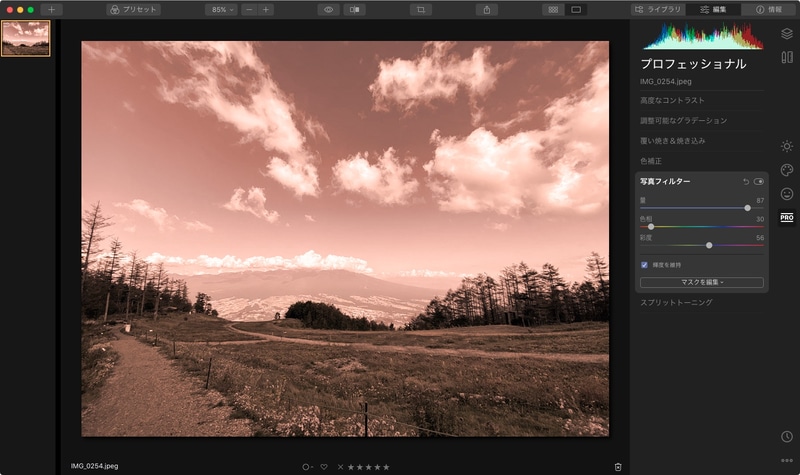 左が調整可能なグラデーションを、右が写真フィルターを適用したもの。調整可能なグラデーションは指定したエリアを2分割して、それぞれの露出やコントラストなどを調節できる。写真フィルターではモノクロ写真やセピア写真を作れるほか、色調を様々に変化させられる。