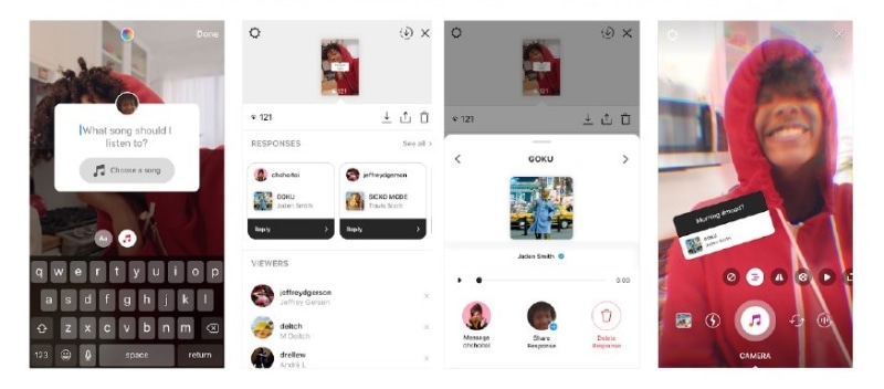 Instagramの質問スタンプに好きな曲で回答することができる。たとえば、「好きな曲は？」という質問に曲で回答できる
