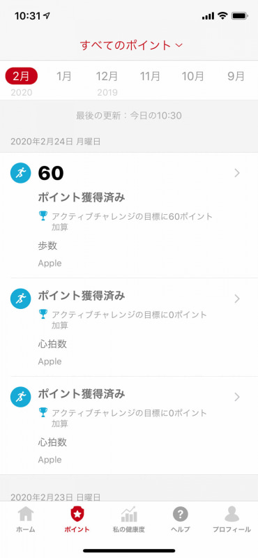 過去の獲得ポイント履歴。原稿執筆のためにいろいろ試してたら歩数で60ポイント（1万2000歩以上）を獲得してしまった。VRゲームはほぼ歩かないが、なぜか歩数に換算されてカウントされる