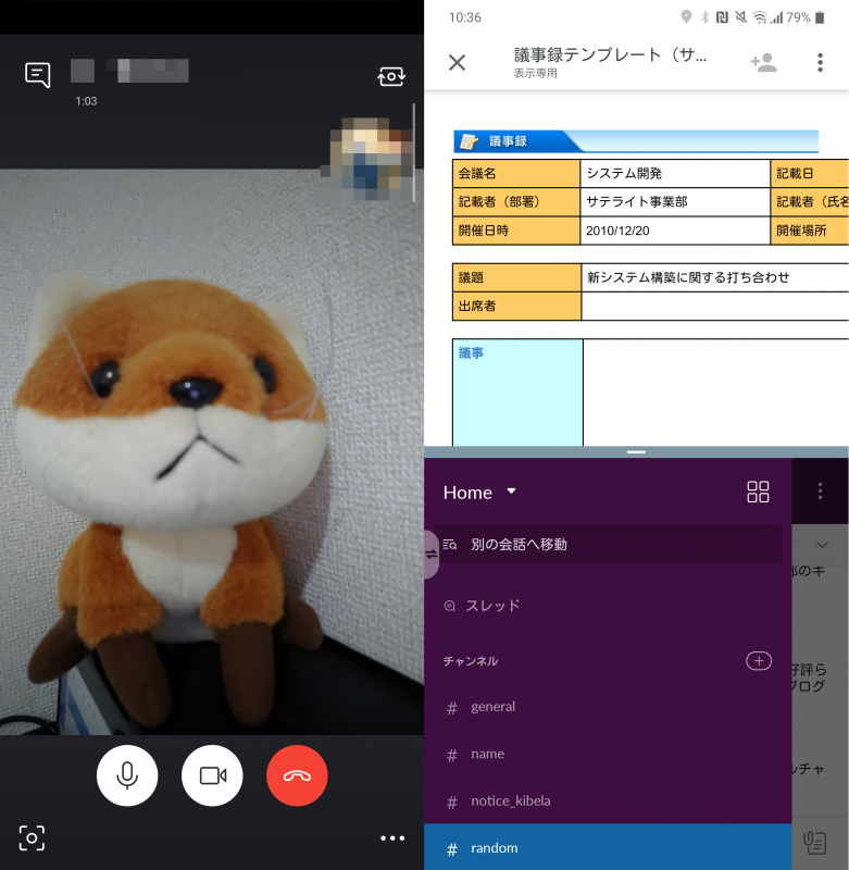 左側にビデオチャット、右側はマルチウィンドウで資料とテキストチャットを表示