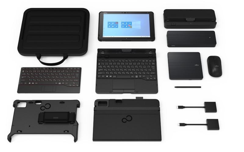 左写真が各種オプション。中央と右は「<a href="https://www.fujitsu-webmart.com/pc/ui054?WEB_STYLE=FMV-NKB40A" class="strong bn" target="_blank">LAN付軽量スリムキーボード</a>」で、これを使うとタブレットPCがクラムシェルノートPCに変身する。このキーボードの後ろ側には有線LANポートもある。