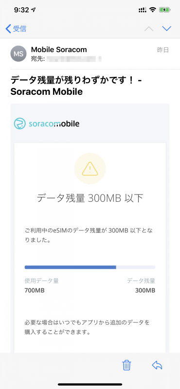 データ残量が少なくなれば、メールでお知らせが来る
