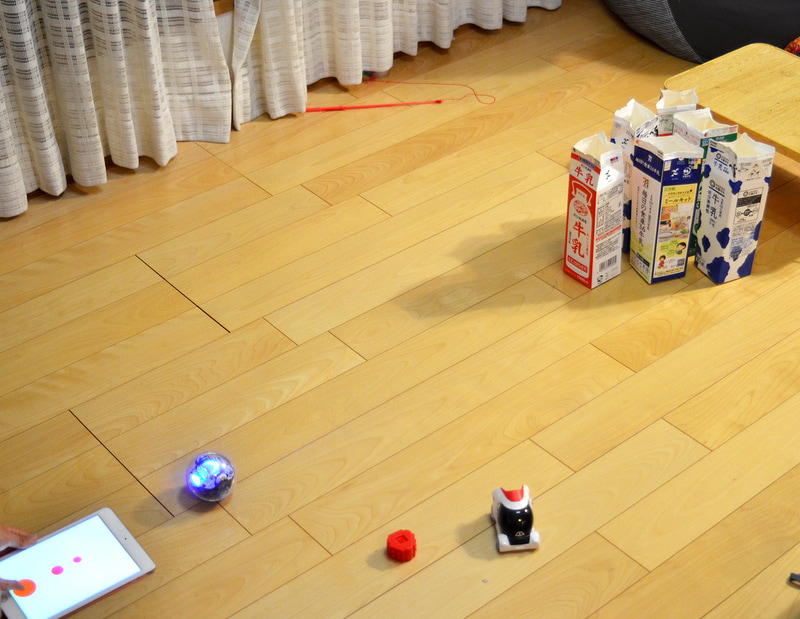 牛乳パックをピンに見立てて、ドライブモード「スリングショット」を使ったボウリングで遊ぶ子ども（途中で猫も乱入）