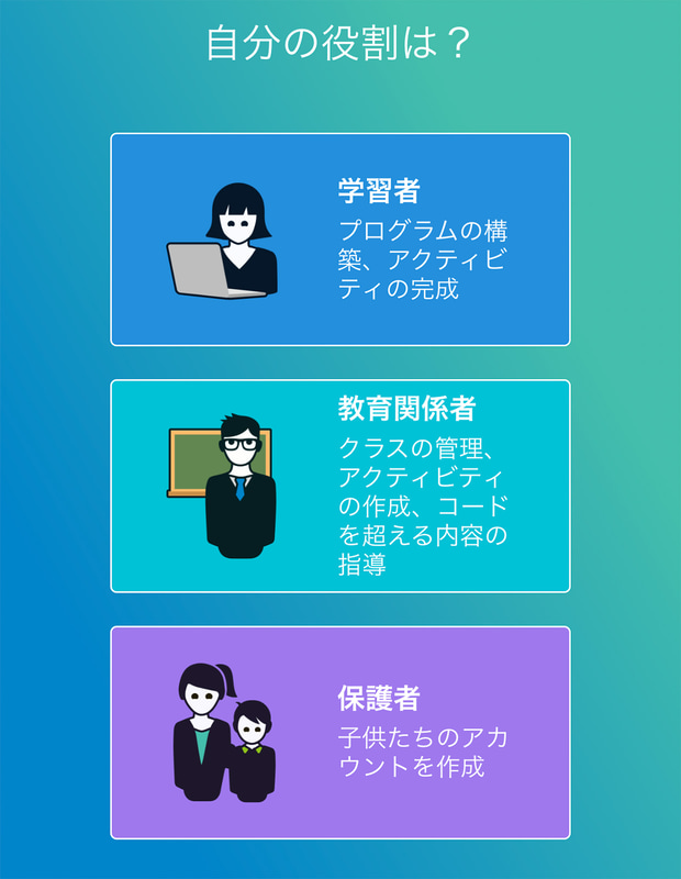 Sphero Edu起動時に選択するアカウントの種別。先生アカウントはクラス（教室）の作成や課題の割当を行えます