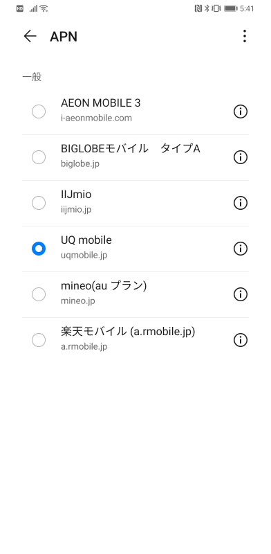 出荷時に設定されてるau網のAPN。NTTドコモ網のAPNには楽天モバイル（MVNO）が登録されているのに、au網のAPNには登録されていない