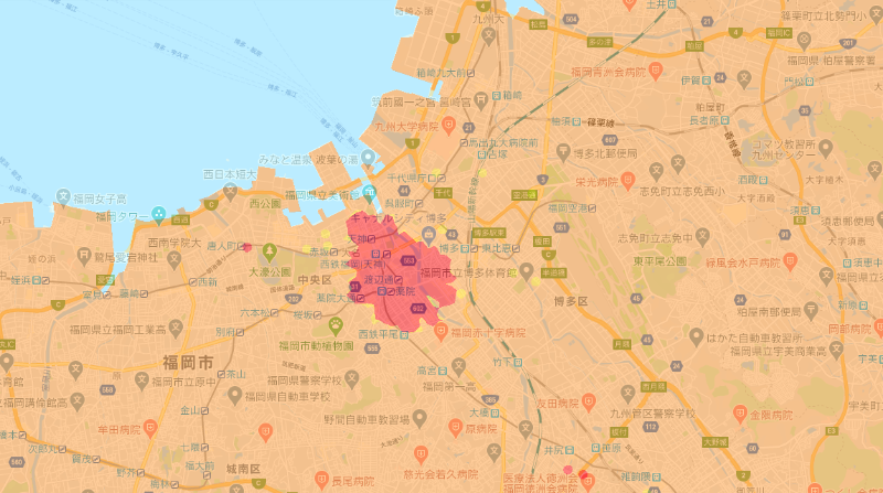 宮崎県、鹿児島県、福岡県。福岡は天神を中心に広いエリアが１カ月以内に展開される