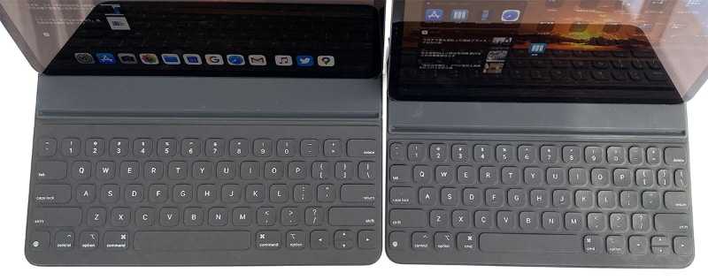 左が12.9インチ用、右が11インチ用のSmart Keyboard Folioキーボード部分。数値上では僅かな差ではあるが、並べるとけっこう大きな差だと感じられる
