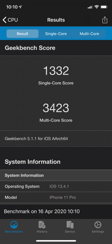 「Geekbench 5」によるiPhone 11 Proのベンチマークスコア。iPhone SE（第2世代）と同じプロセッサを搭載するという
