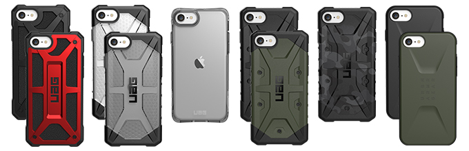 iPhone SE（第2世代）向けのURBAN ARMOR GEAR社製ケース。左から「MONARCHケース」、「PLASMAケース」、「PLYOケース」、「PATHFINDERケース」、「PATHFINDER SEケース」、「CIVILIANケース」