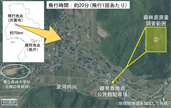 樹高や立木本数などを目視外飛行（レベル3）で調査。森林資源解析用データを効率的に作成