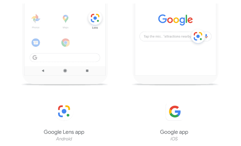 Lensへのアクセス方法、Android（左）はGoogle レンズアプリから、iOS（右）はGoogleアプリから