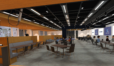 左＝バーチャル上の虎ノ門施設。右＝実際の虎ノ門施設