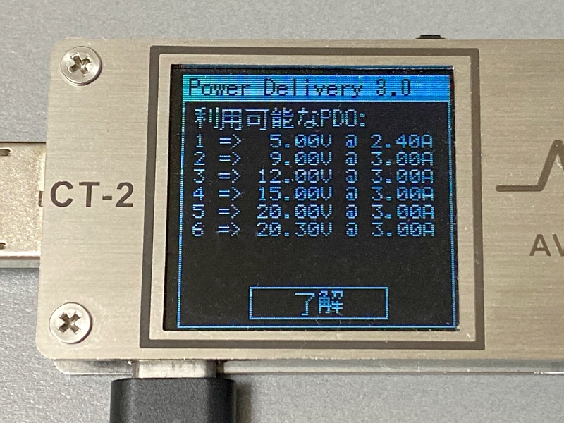 テスタでの計測結果。5V/2.4Aとなっているのが分かる