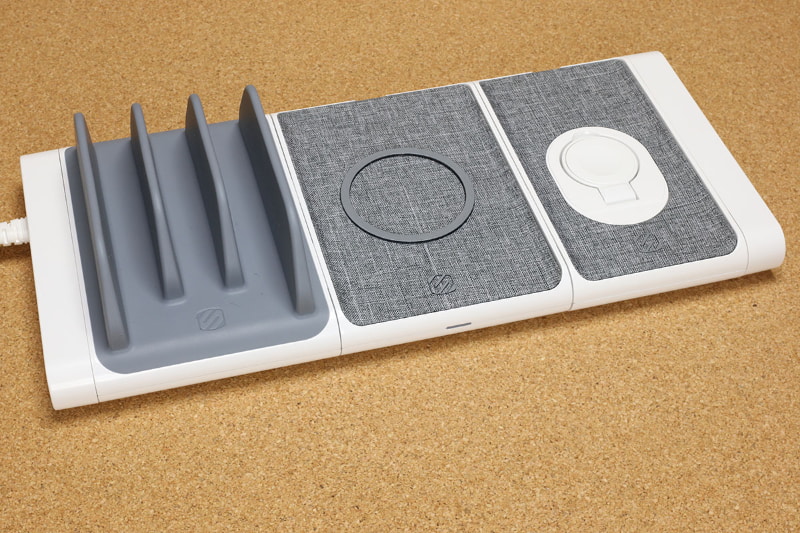 各モジュールが合体済みのBaseLynx Modular Charging System Kit。モジュールは左から、タブレット向け充電モジュール、Qi対応充電モジュール、Apple Watch対応充電モジュール