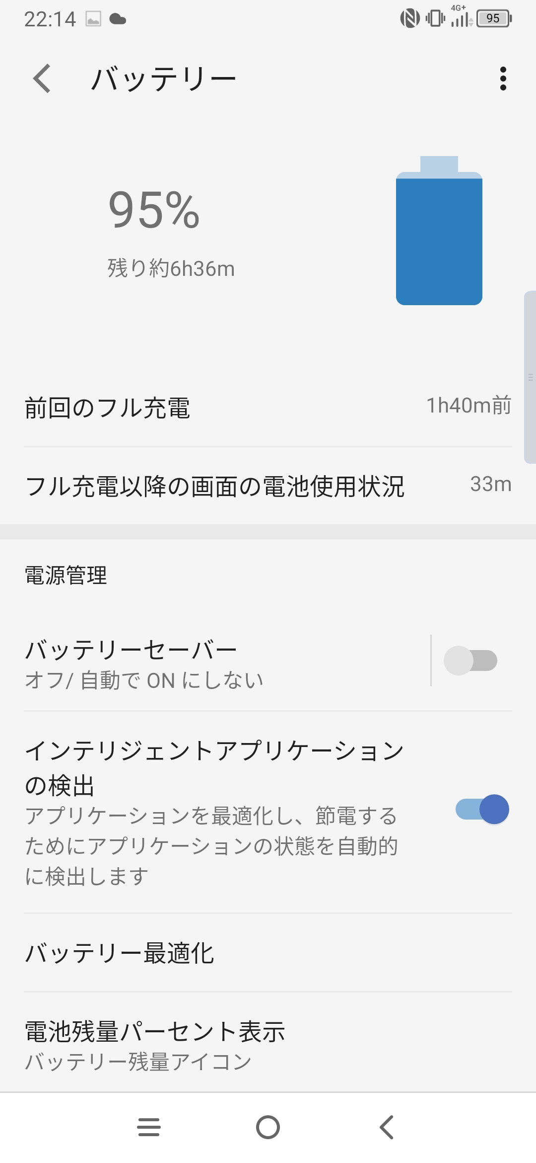 バッテリーの設定画面では前回のフル充電や使用状況などを確認できるほか、アプリケーションの最適化を図り、連続稼働時間を延ばすことができる