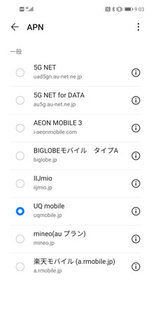 出荷時に設定されてるau網のAPN。au 5GのAPNが登録済み