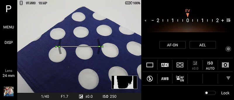 Photography Proの表示例。ソニーのαシリーズデジカメを使った人ならわかる“ソニーのUI”という印象がここにある。水準器やヒストグラムも表示でき、もちろん非表示にもできる。なお、Photography Proアプリは横表示のみで、電源ボタンを上にした状態で使う仕様になっている