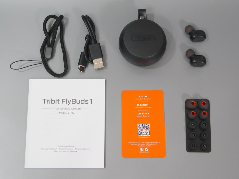 同梱品一覧。製品名は「FlyBuds1」、モデル名はBTH91。もちろん技適もきちんと取得されており、日本語対応の取説も付属する