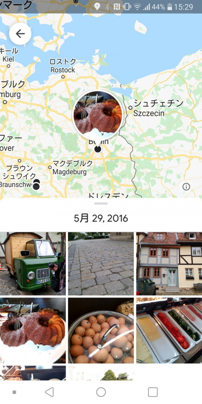 地図上に表示されるヒートマップのような部分をタップすると、その場所で撮影した写真を閲覧できる
