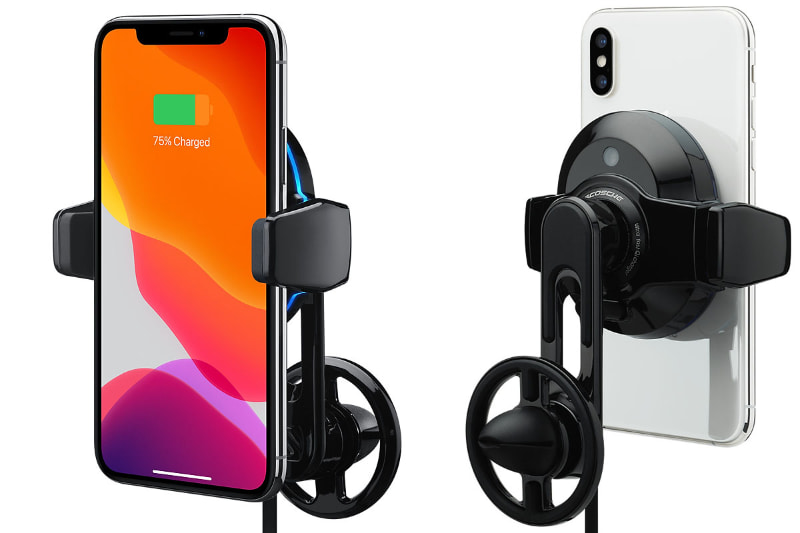 スコーシュの「Scosche MagicGrip Freeflow Wireless Charging Vent Mount」。クルマのエアコン吹き出し口に装着するタイプのスマートフォンホルダーで、Qi充電対応のスマートフォンで使用できる。対応iPhoneモデルは、iPhone 11 Pro、iPhone 11 Pro Max、iPhone 11、iPhone SE（第2世代)、iPhone XS、iPhone XS Max、iPhone XR、iPhone X、iPhone 8、iPhone 8 Plusとなっている（が、iPhone以外のQi対応スマートフォンでも使用できた)。国内ではApple限定販売となっており、アップルストア税別価格は9380円。