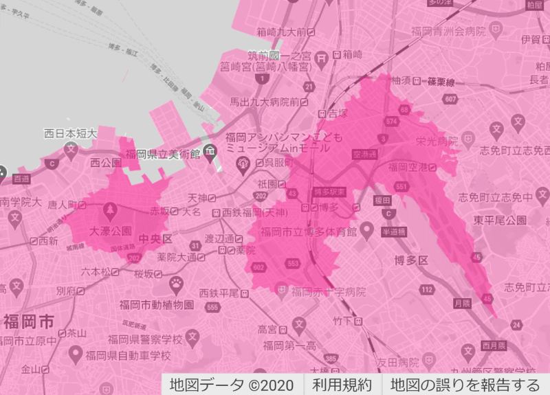 福岡市（左）と宗像市（右）周辺の楽天回線エリア（濃いピンク色）