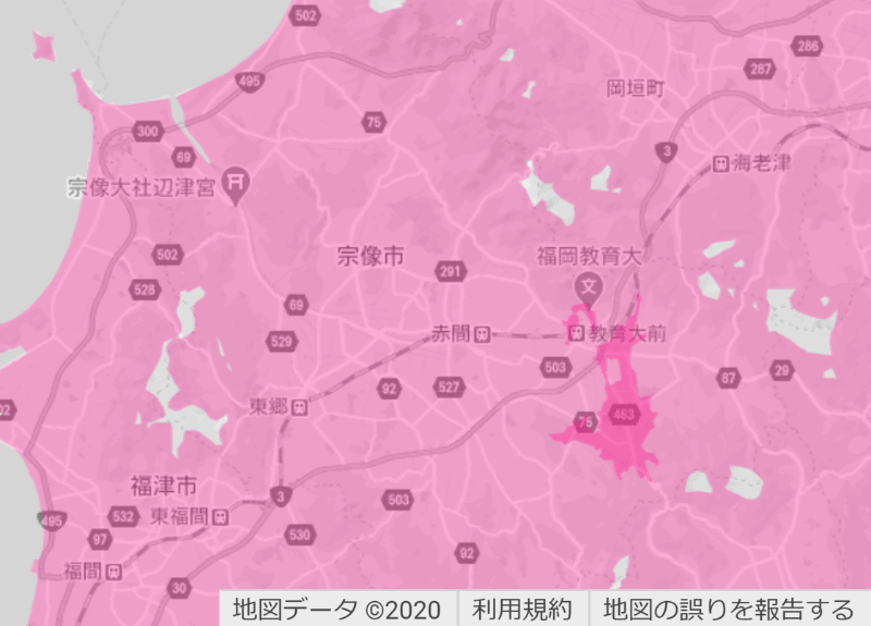 福岡市（左）と宗像市（右）周辺の楽天回線エリア（濃いピンク色）