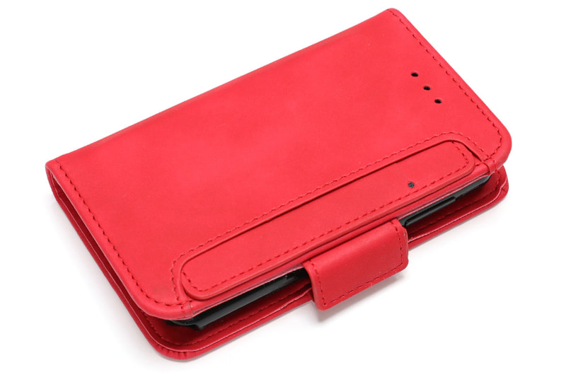 たとえばこんな手帳型のケース。Rakuten Miniに加えて、数枚のカードや少々の紙幣くらが入る。Rakuten Miniで決済しようしたら……アーッこの店は現金オンリーだった〜ッ!!!　という場合でも焦らず支払いを済ませられる。