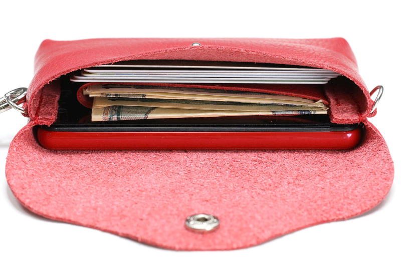 Rakuten Miniや現金、カード類を入れた様子。端末や現金を入れた上で、10枚程度までのカードを収納できる。スナップボタンの位置関係から、ケース背面側にRakuten Miniの裏側を外向きにして入れることになる。