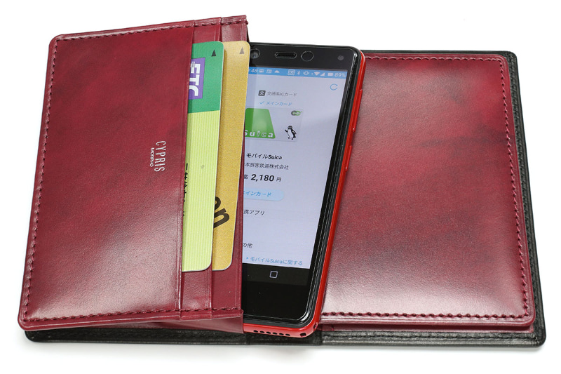 背面に面した大容量ポケットにRakuten Miniがすっぽり入る。他のポケットにカードや紙幣などを入れられる。小銭入れはないが、パスポケットの一部を使えば少量の硬貨を収納できる。