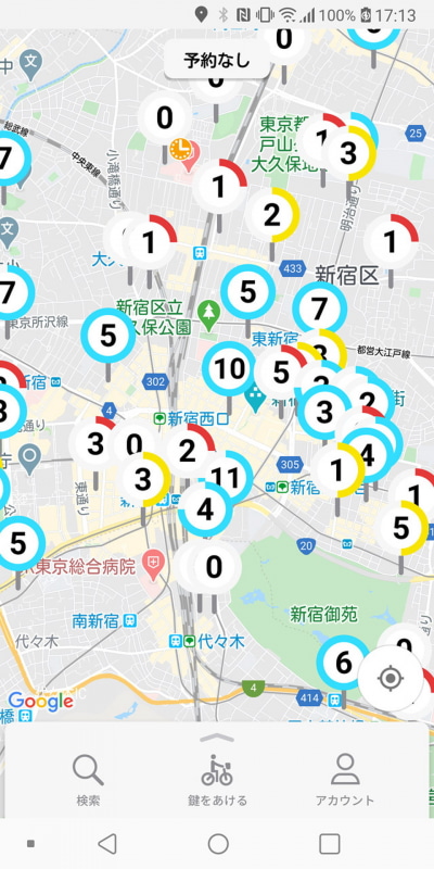 地図上にプロットされるピンマークに現在駐輪している台数が表示されるように