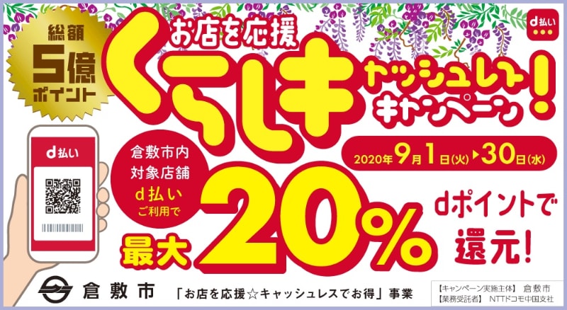 倉敷市の対象店舗で「d払い」を使うと最大20%還元
