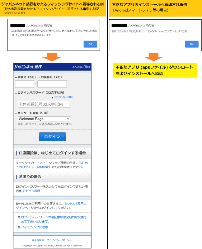 送信されるSMS（上）と誘導される金融機関のフィッシングサイト（下）（画像：フィッシング対策協議会）