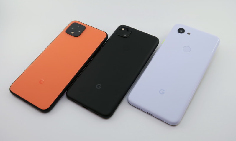 左から順に、Pixel 4、Pixel 4a、Pixel 3aの背面。基本的なレイアウトは同じだが、カメラ部を中心にデザインは大きく異なる