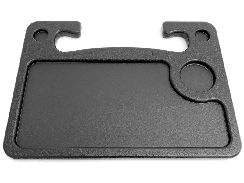 サイズは幅40×奥行き29.5×暑さ2cmで、質量は545g、耐荷重は約5kg。けっこう頑丈なさわり心地。表側にはドリンク用スペースがありつつ、大きなスペースは1段階凹んでいるので、モノの落下防止になる。裏面は台形っぽい浅めの凹みスペースがある。