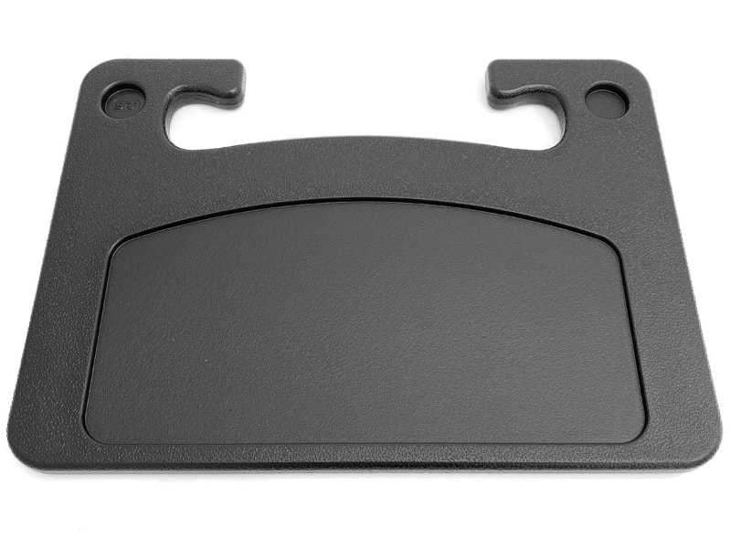 サイズは幅40×奥行き29.5×暑さ2cmで、質量は545g、耐荷重は約5kg。けっこう頑丈なさわり心地。表側にはドリンク用スペースがありつつ、大きなスペースは1段階凹んでいるので、モノの落下防止になる。裏面は台形っぽい浅めの凹みスペースがある。