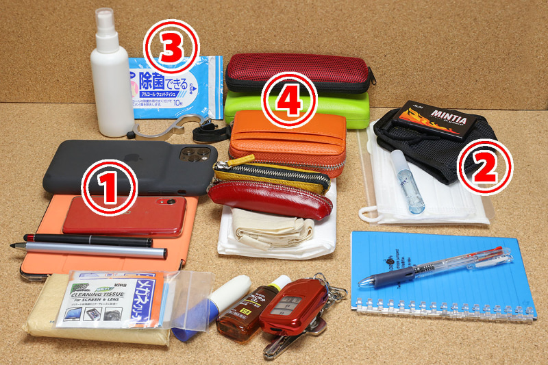 バッグの中身がコレ。(1)は、iPhone 11 Pro Max、Rakuten Mini、第5世代 iPad mini、スタイラスペン×2本。(2)は、マスク、マスクカバー、予備マスク、マウススプレー、ミントタブレット。(3)は、アルコール除菌ウェットティッシュ、アルコールスプレー、マルチタッチツール。(4)は、ミニ財布、小銭入れ×2、エコバッグ×2、メガネ×2。その他、手前に見えるのは、レンズクリーナー、ポケットティッシュ、リップクリーム、目薬、クルマや家の鍵類、ボールペン、ノート。