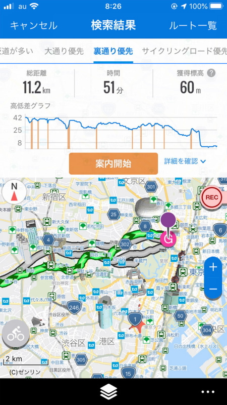 クルマ通りが少ない裏通りのルートはより安全だが、時間・距離はやや長い