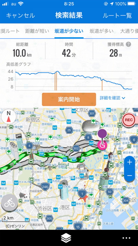 坂道の少ないルート候補を選んだところ