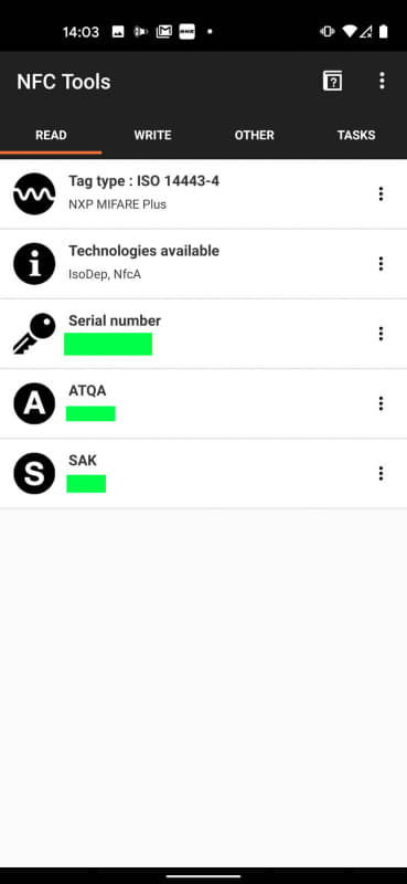 NFC ToolsでApple Watchを読むとこんな感じ。ランダムIDを消す意味があるか不明だが一応消している