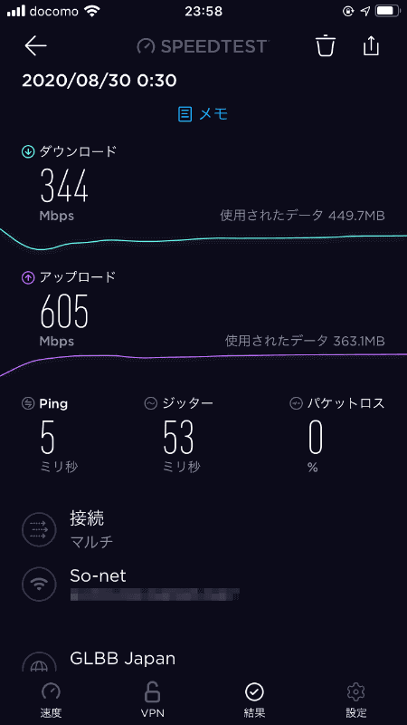 Wi-Fi 6を至近距離で使った場合、下りが344Mps、上りが605Mbps