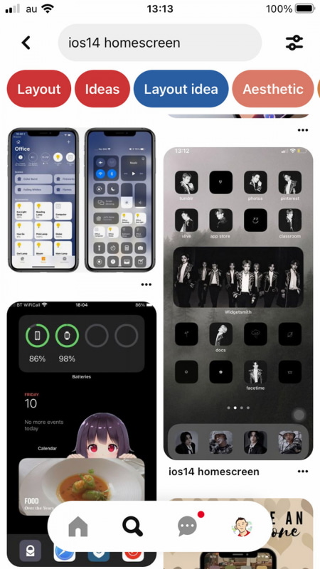 「ios14 homescreen」などのキーワードで検索するとスクリーンショットが大量にヒットする