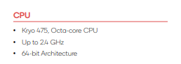 こちらはQualcomm Snapdragon 765Gのスペック表から。「Kryo475,Octa-Core CPU」を搭載