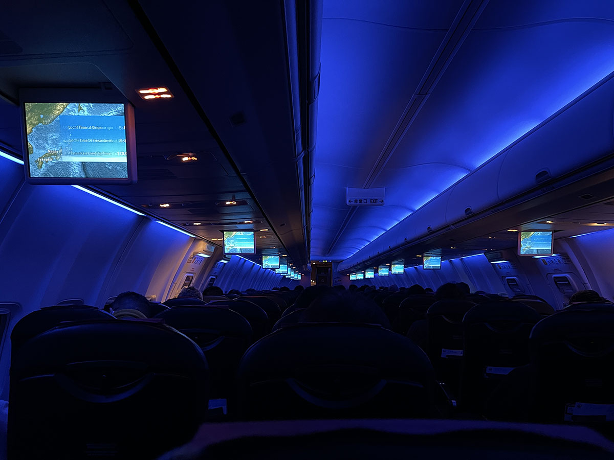 夜遅くの航空機内。青っぽい照明のみの暗い機内だが、ここまでのライトアップ感はなく、青が薄かった。
